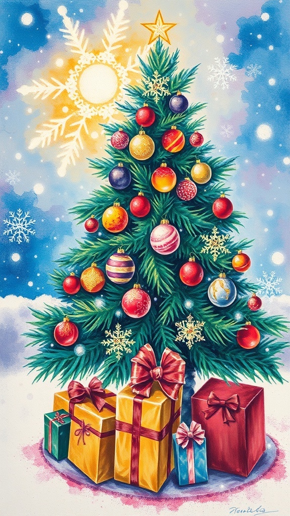 A colorful oil pastel drawing of a Christmas tree with gifts and snowflakes.